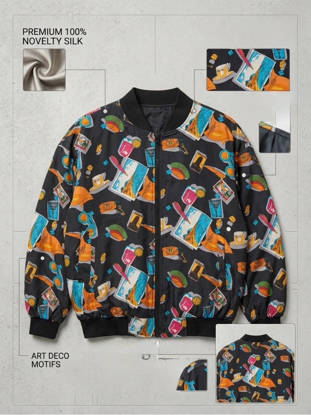 Silk Bomber‎ Jacket Vintage travel Print Size XL oversized artsy Carol Horn